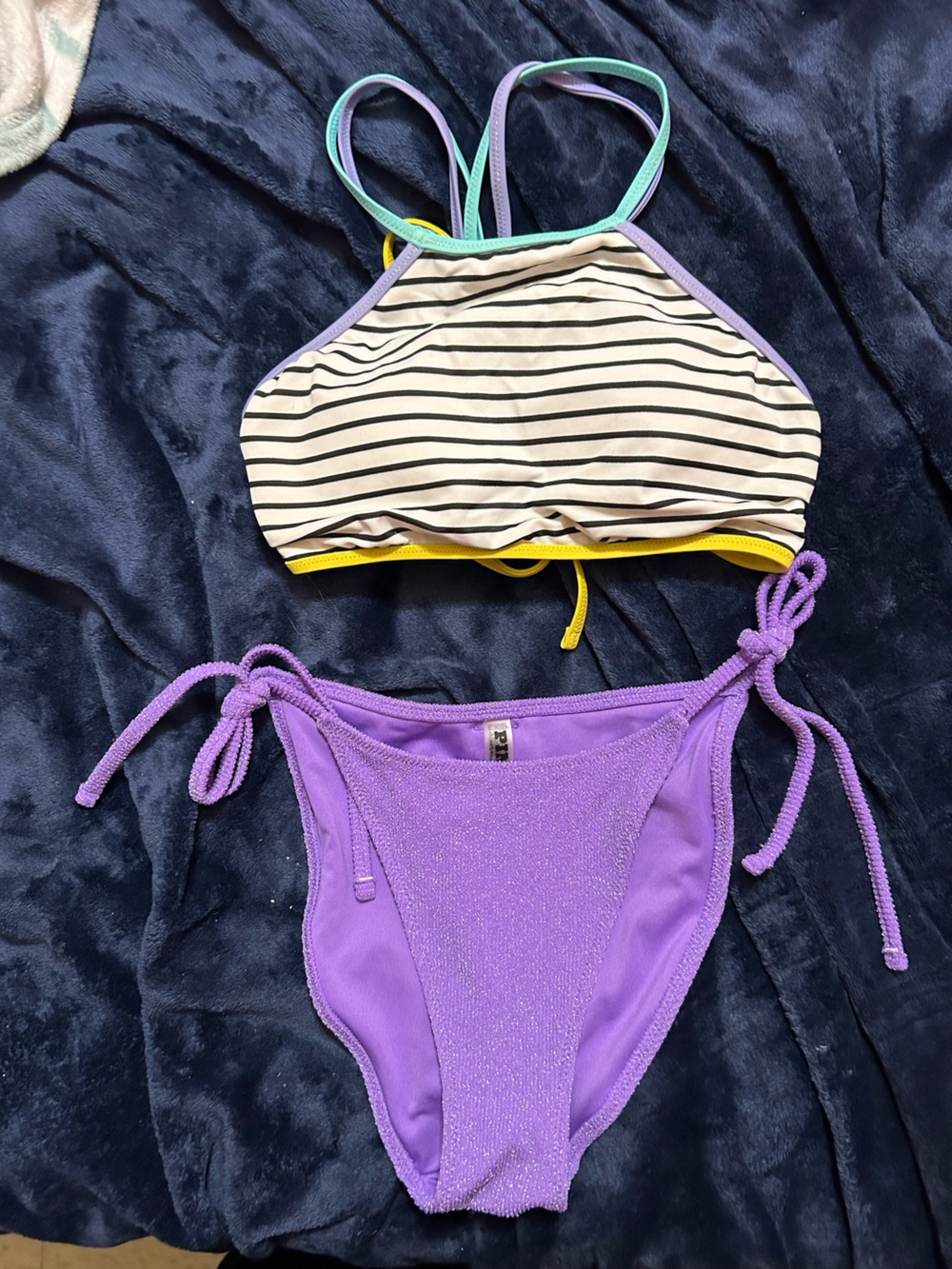 PINK Victoria's Secret Purple & Black-White Stripe Bikini Set with Yellow Trim